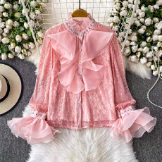 批发欧美宫廷风重工镶钻立领喇叭袖<b class='q'>衬衫</b>女名媛减龄<b class='q'>蕾丝</b>拼接荷叶边上衣