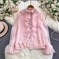 批发温柔风重工镶钻钉珠单排扣荷叶领<b class='q'>衬衫</b>女小众超火烫钻雪纺减龄<b class='q'>衬衣</b>