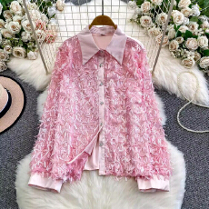 批发欧美重工网纱拼接亮片翻领<b class='q'>衬衫</b>女秋冬小众高级感舞台表演优雅外套