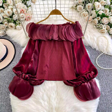 批发网红小众爆款立体花瓣一字肩长袖<b class='q'>衬衣</b>女减龄珠光网纱拼接针织上衣