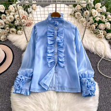 批发法式温柔风荷叶边立体花朵灯笼袖<b class='q'>衬衫</b>女秋冬镶钻排扣修身显瘦<b class='q'>衬衣</b>