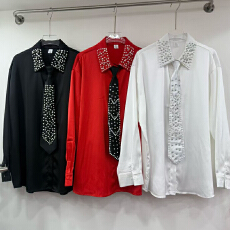 批发欧美小众设计感立体镶钻配领带<b class='q'>衬衫</b>女2026年春季重工洋气炸街上衣