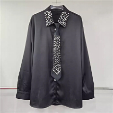 批发重工镶钻polo领长袖<b class='q'>衬衫</b>女装春季设计感宽松<b class='q'>衬衣</b>气质镶钻领带上衣