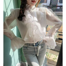 批发法式重工镶钻钉珠立领喇叭袖开衫<b class='q'>衬衣</b>女百搭别致荷叶边拼接<b class='q'>衬衫</b>女