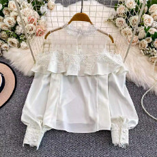 批发轻奢千金风立体花朵装饰显瘦花边衬衫女性感诱惑网纱拼接蕾丝上衣