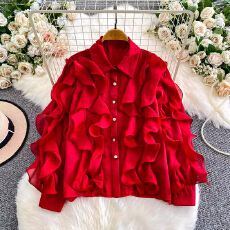 批发网红小众度假风甜美仙气荷叶边翻领衬衫女秋冬高级感宽松<b class='q'>开衫</b>外套