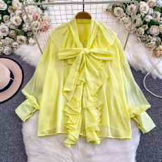 批发淑女风名媛气质蝴蝶结V领衬衫女秋冬法式小众约会甜美荷叶边衬衣