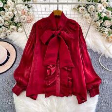 批发法式淑女风名媛气质蝴蝶结V领衬衫女秋冬出众约会甜美荷叶边衬衣