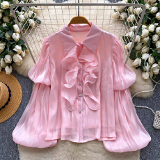 批发法式宫廷风衬衫女2025年新款荷叶边拼接灯笼袖单排扣缎面感上衣