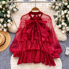 批发法式时尚灯笼袖衬衫2026春季荷叶边蝴蝶领设计温柔名媛洋气上衣