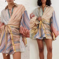 批发欧货轻奢2026新款彩色翻领条纹系带长袖收腰显瘦连衣裙