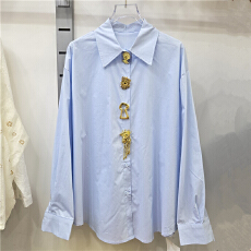 批发2026春季时尚洋气立体纽扣流行设计感polo领宽松中长款女翻领衬衫