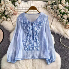 批发法式温柔风蓝色质感荷叶边V领衬衫女秋冬休闲风百搭宽松别致上衣