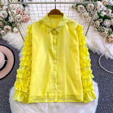 批发红色系穿搭法式熟女风气质荷叶边长袖防晒衬衫女秋冬宽松通勤上衣