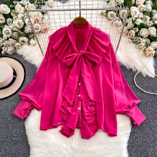 批发淑女风名媛气质蝴蝶结V领衬衫女秋冬法式小众约会甜美荷叶边衬衣