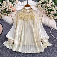 批发轻奢千金风钉珠立体花朵圆领衬衫女秋冬季名媛优雅百褶喇叭袖上衣