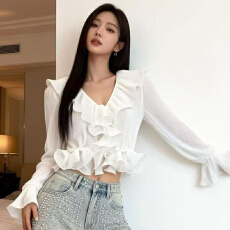 批发2026早春法式甜美风荷叶边<b class='q'>长袖</b>衬衫女百搭显瘦<b class='q'>上衣</b>