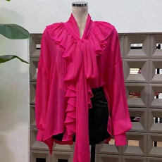 批发浪漫复古风荷叶边<b class='q'>长袖</b>衬衫<b class='q'>上衣</b>蝴蝶结系带简约衬衣内搭潮