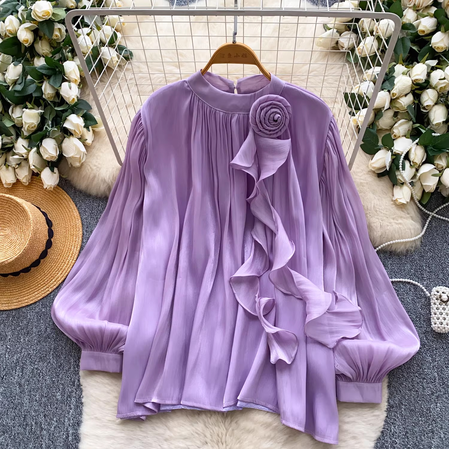 프랑스식 명문 여성 궁정 바람 3 차원 꽃 장식 긴팔 셔츠 여성 의류 디자인 작은 대중 Chic 고급 센스 맨위