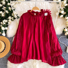 批发<b class='q'>韩版</b>红色波点立体花朵衬衫女早春季长袖高腰A字裙显瘦气质通勤裙