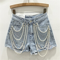 批发欧美重工镶钻串珠链条装饰毛边阔腿<b class='q'>牛仔裤</b>女韩版高腰显瘦百搭裤子