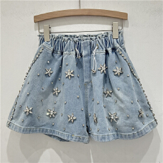 批发美式复古重工镶钻牛仔女阔腿裤2024年新款高腰宽松显瘦a字短裤潮