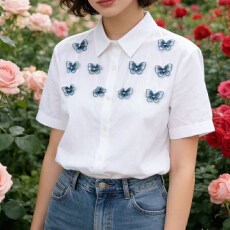 批发新款宽松慵懒风设计感短袖上衣衬衫女蝴蝶装饰翻领休闲夏季