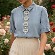 批发欧美牛仔衬衫女设计感小众高级重工扣子装饰衬衣外穿女上衣