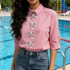 批发欧美法式衬衫女设计感小众重工镶钻蝴蝶装饰2026夏气质衬衣外穿