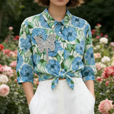 批发欧货法式衬衫女设计感小众重工镶钻蝴蝶装饰2026夏气质衬衣外穿