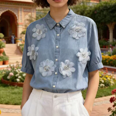 批发欧美<b class='q'>牛仔</b><b class='q'>衬衫</b>女设计感小众重工镶钻花朵2026夏气质<b class='q'>衬衣</b>外穿
