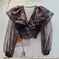 批发欧美风2026夏季<b class='q'>新款</b>甜辣深V透明印花色松紧腰长袖<b class='q'>雪纺衫</b>小衫