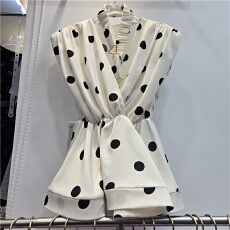 批发法式气质收腰V领无袖背心<b class='q'>波点</b>印花配腰带系带荷叶边女<b class='q'>衬衫</b>小衫