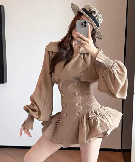 프랑스식 빛 럭셔리 낭만주의 레트로 긴팔 폴로 칼라 이중 버튼 정장 셔츠 드레스 디자인 센스 거품 소매 여성 드레스