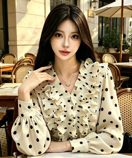 프릴 디자인 센스 도트 무늬 긴팔 여성 셔츠 가을 패션 품격 루즈핏 슬림해 보이는 쉬폰 톱