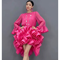 批发名媛风3D立体荷叶边<b class='q'>连衣裙</b>女轻奢仙女风燕尾裙华丽礼服宴会裙