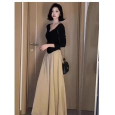 批发大码女装早秋新款法式U领<b class='q'>拼接</b>假两件<b class='q'>连衣裙</b>胖mm收腰显瘦遮肚长裙