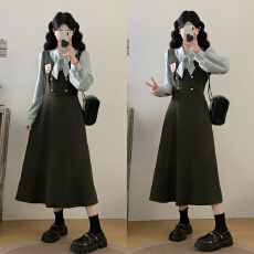 批发2025秋新款学院风TR西装料条纹拼接连衣裙女微胖大码假两件裙子女