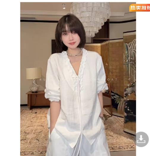 프랑스식 우아함 V넥 레이스 마 재료 화이트 긴팔 여성 셔츠 이른 봄 한 부서 루즈핏 슬림해 보이는 품격 맨위