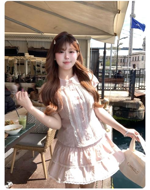 애니 아니요 화재 슬림해 보이는 복숭아 안개 로맨스 소녀 센스 베이비 칼라 셔츠 케이크 드레스 세트 그룹
