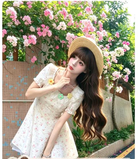 직물 돼지 벚꽃 소녀 달콤한 스타일 스퀘어 입 칼라 꽃무늬 드레스 여름 아름다운 거품 소매 짧은 치마