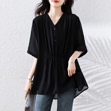 批发大码高级感收腰V领短袖衬衫夏季新款中年<b class='q'>胖</b>妈妈显瘦遮肚洋气上衣