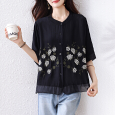 批发夏季新款中国风复古气质大码衬衫<b class='q'>胖</b>mm<b class='q'>宽松</b>遮肉显瘦百搭短袖上衣女