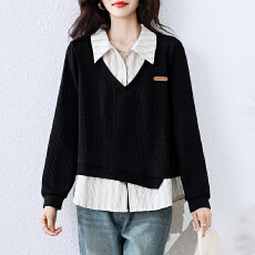 批发大码时尚洋气假两件长袖卫衣女春秋<b class='q'>胖</b>mm<b class='q'>显瘦</b>独特条纹拼接POLO上衣