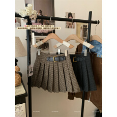 批发实拍~秋冬复古呢子千鸟格百褶<b class='q'>短裙</b>高腰显瘦皮扣设计<b class='q'>半身裙</b>女