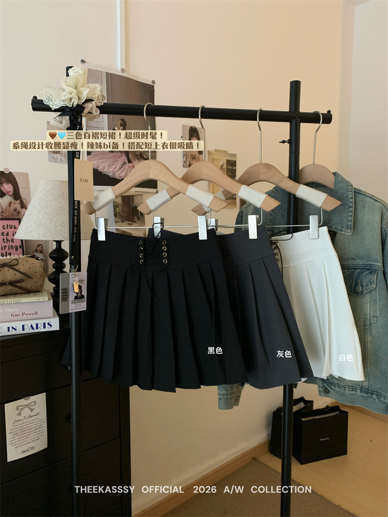 실사 한 부서 핫걸 필수 레이스업 허리 수축 플리츠 미니 스커트 여성