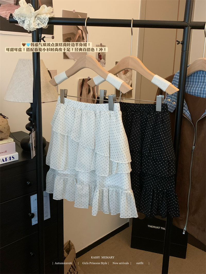 실사 한 부서 품격 도트 무늬 케이크 프릴 반신 스커트 순수한 욕망 핫걸 불규칙 패치워크 미니 스커트 여성