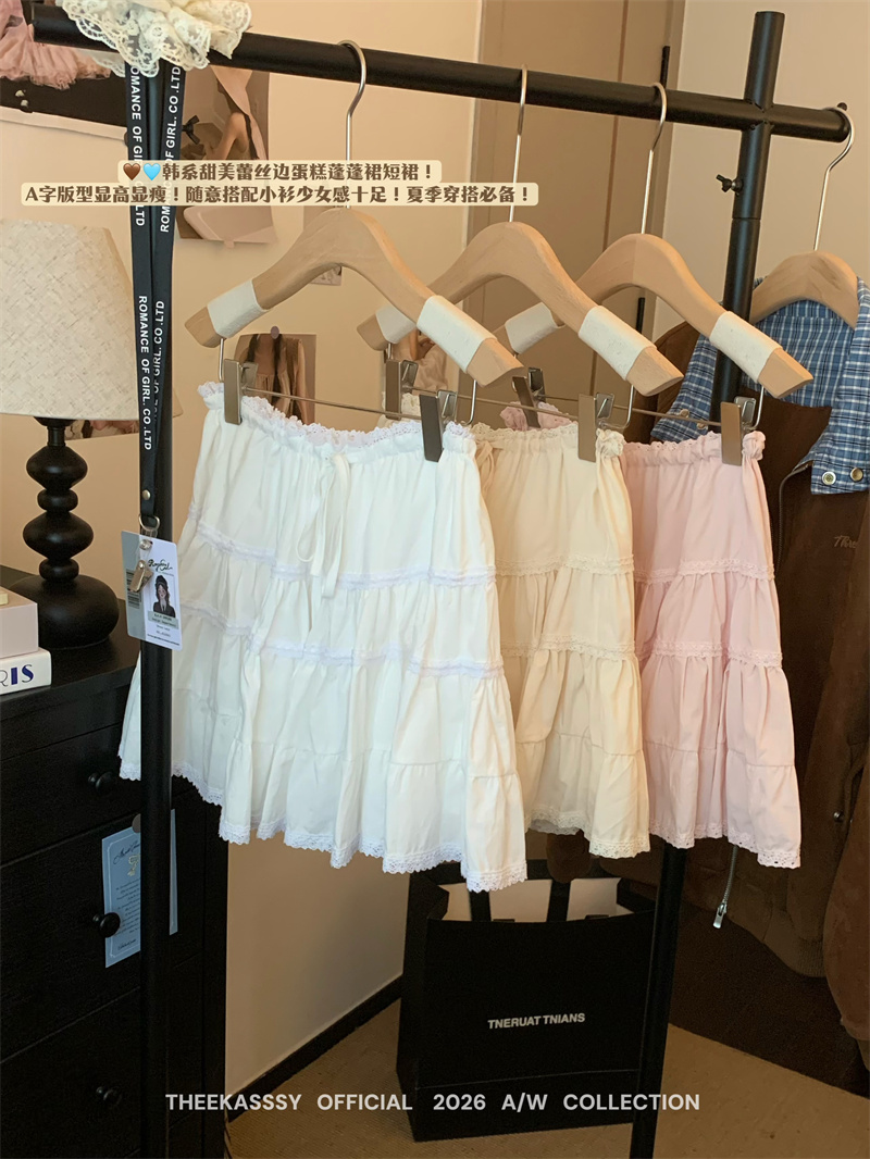 실사 한 부서 달콤함 레이스 조각 큰 진자 Pleat 퍼프 케이크 미니 스커트 여성