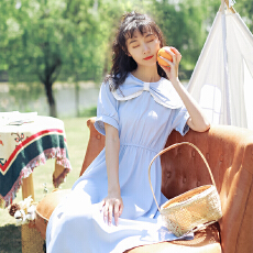 批发实拍2026夏季新款蓝色娃娃领连衣裙女 法式温柔风收腰显瘦中<b class='q'>长裙</b>