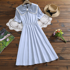 批发实拍2026夏季新款蓝色娃娃领连衣裙女 法式温柔风收腰显瘦中<b class='q'>长裙</b>